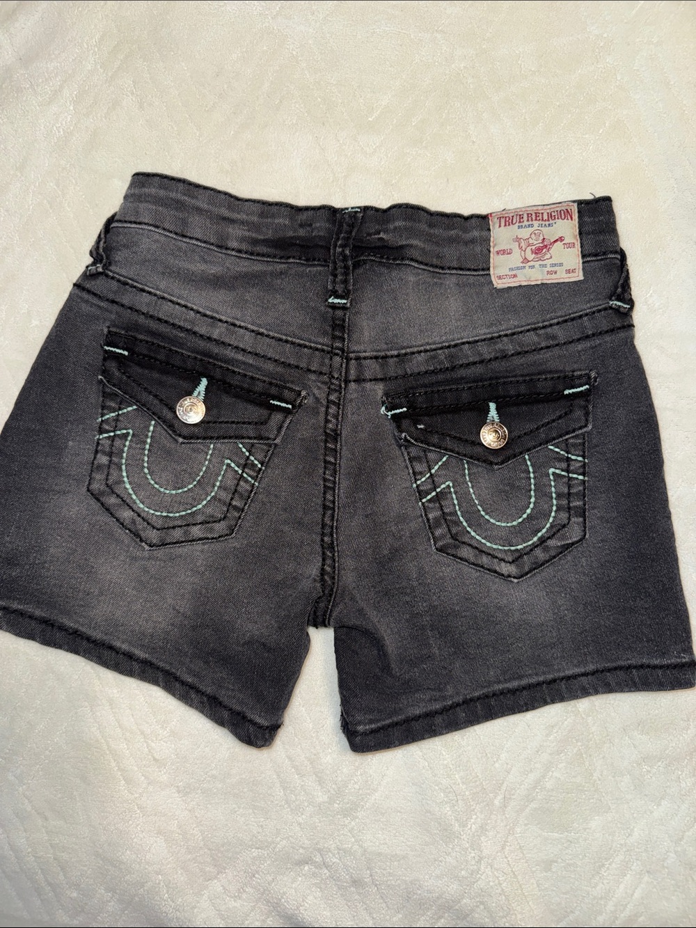 True Religion Black Denim Shorts with Turquoise Contrast Stitching
